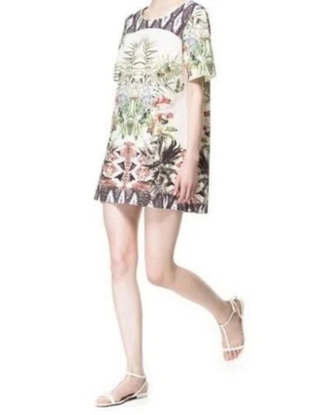 Zara Tropicalia Dress Womens Small Floral Printed Shift Mini Short Sleeve